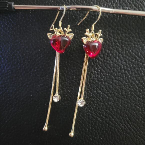 Rudolph the red nose reindeer christmas dangle earrings gold tone with crystals - Picture 1 of 4